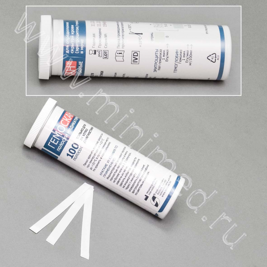 Полоски индикаторные для определения  скрытой крови (эритроцитов/гемоглобина) в моче (БИОСКАН® — Гемоскан) уп. 100шт Полоски индикаторные для определения  скрытой крови (эритроцитов/гемоглобина) в моче (БИОСКАН® — Гемоскан) уп. 100шт