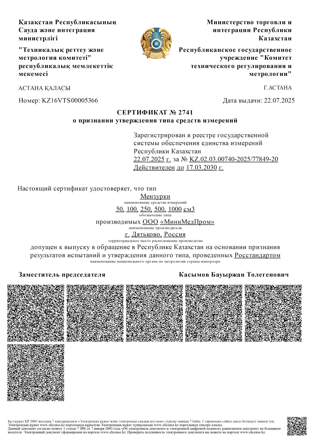 Мензурки 50,100,250,500,1000 мл ММП. СТСИ Казахстан до 17.03.2030
