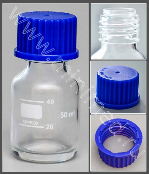 Банки лабораторные из светлого стекла с делениями и навинчивающейся полипропиленовой крышкой, Китай