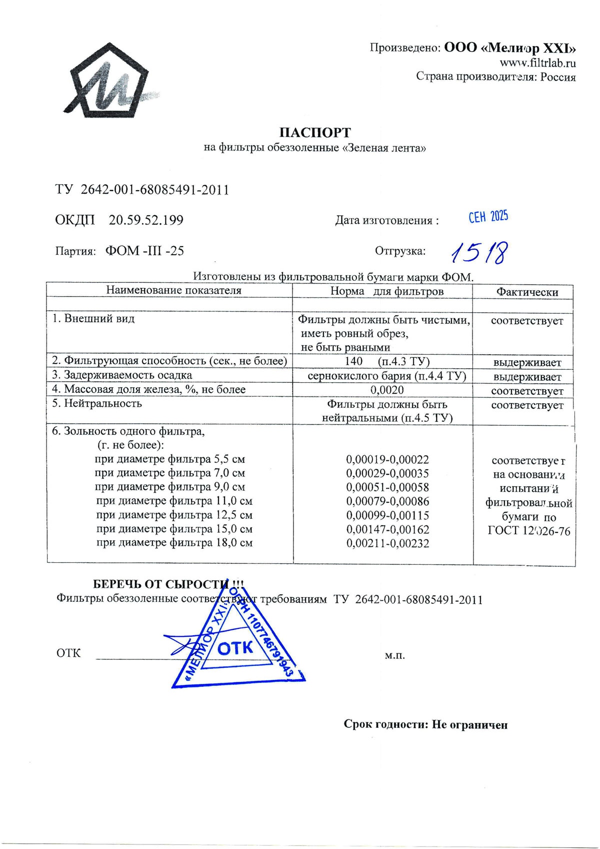 Фильтры обеззоленные Зеленая лента 5,5-18 см от 09.2025